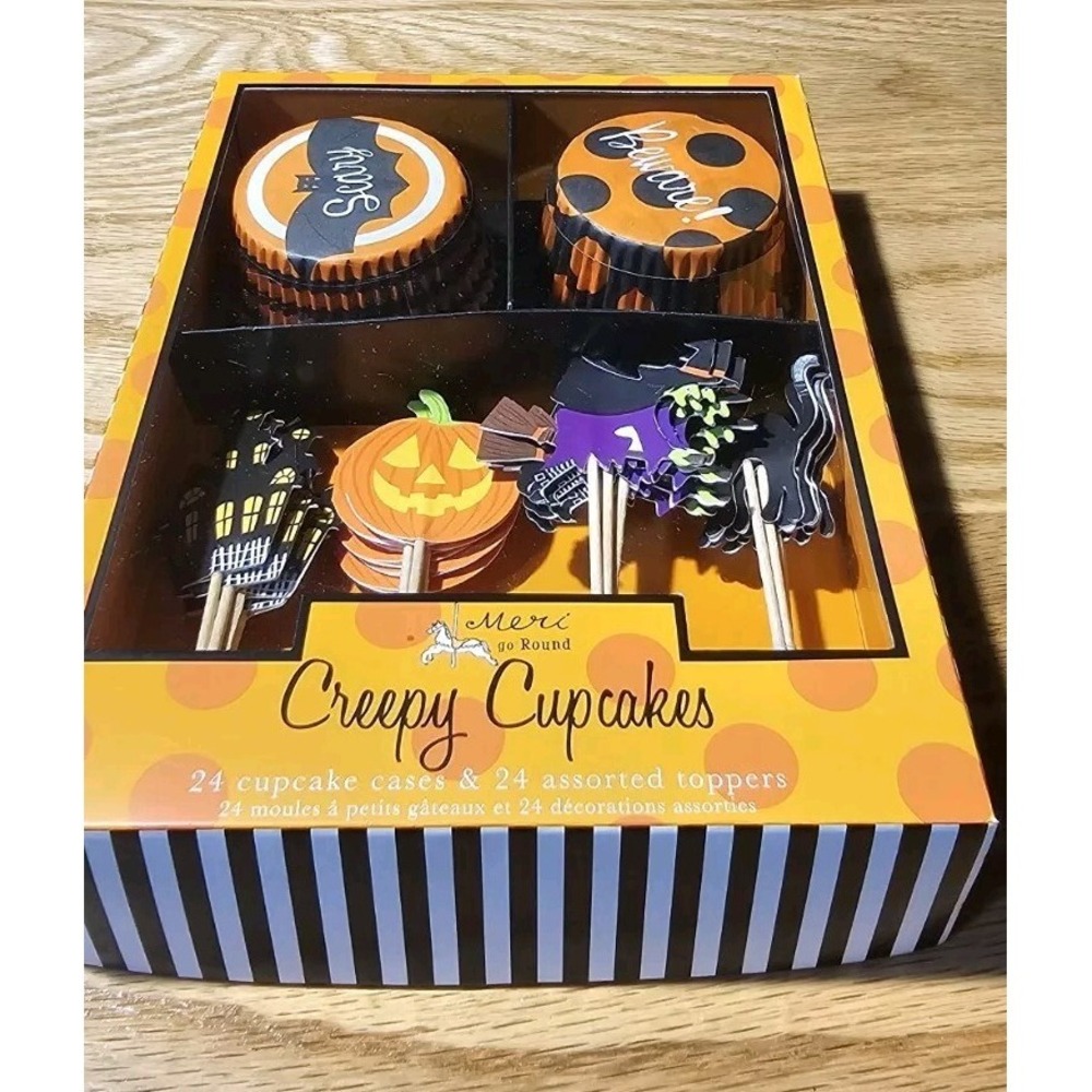 Halloween Cupcake Baking Liners With Toppers 48 pc Set cat witch pumpkin house